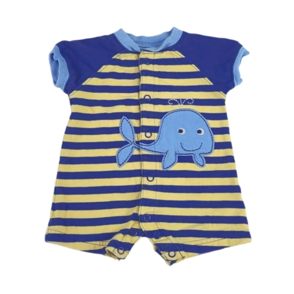 Vintage Newborn Baby Outfit One Piece Romper Blue Yellow Stripe Whale Embroidery